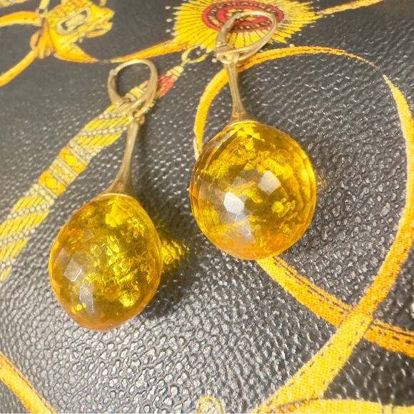 Genuine Faceted Honey Amber Gold/Sterling Dangle Earrings - Picture 2 of 13